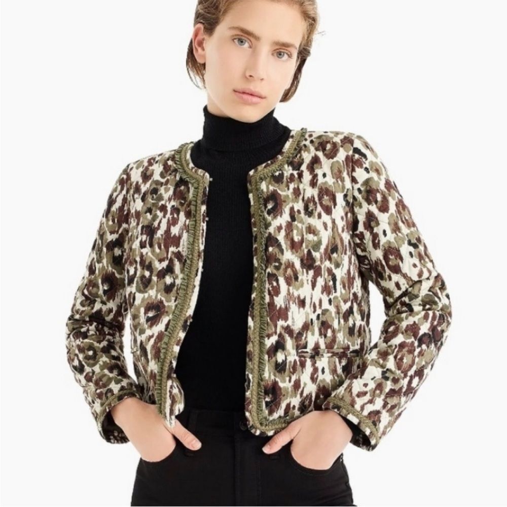 J. Crew Quilted Boxy Leopard Animal Print Jacket Green/Brown, Size XS NWOT